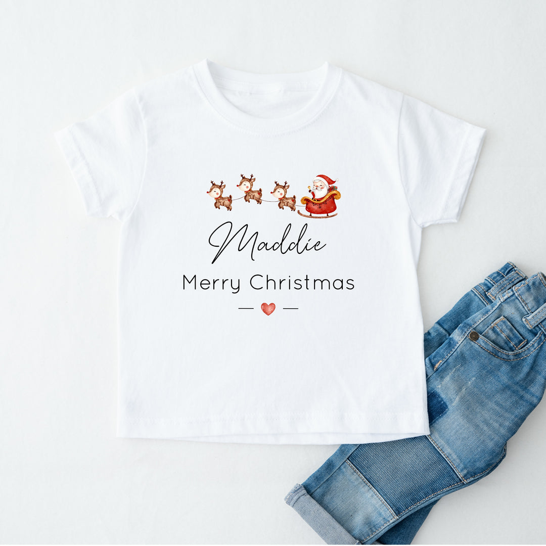 Personalised Santa Sleigh Matching Christmas T-shirts With Optional Trousers