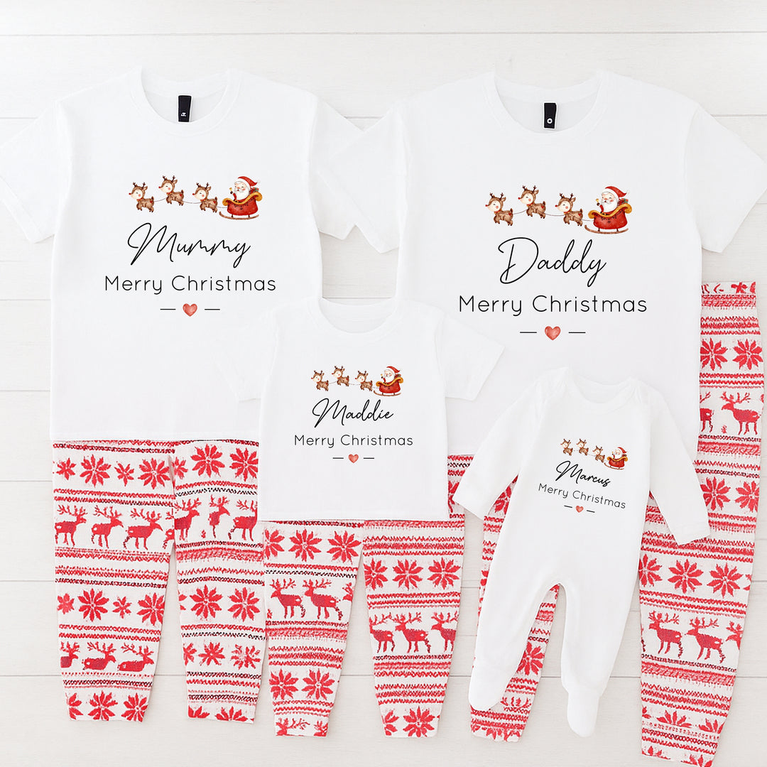 Personalised Santa Sleigh Matching Christmas T-shirts With Optional Trousers