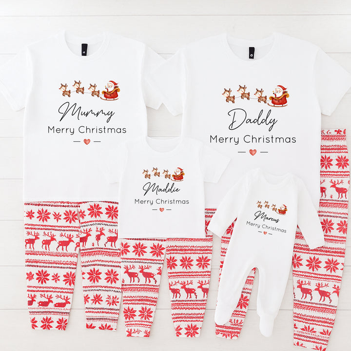 Personalised Santa Sleigh Matching Christmas T-shirts With Optional Trousers
