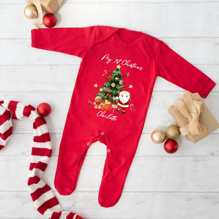 Personalised My First Christmas Tree Scene Red Baby Grow