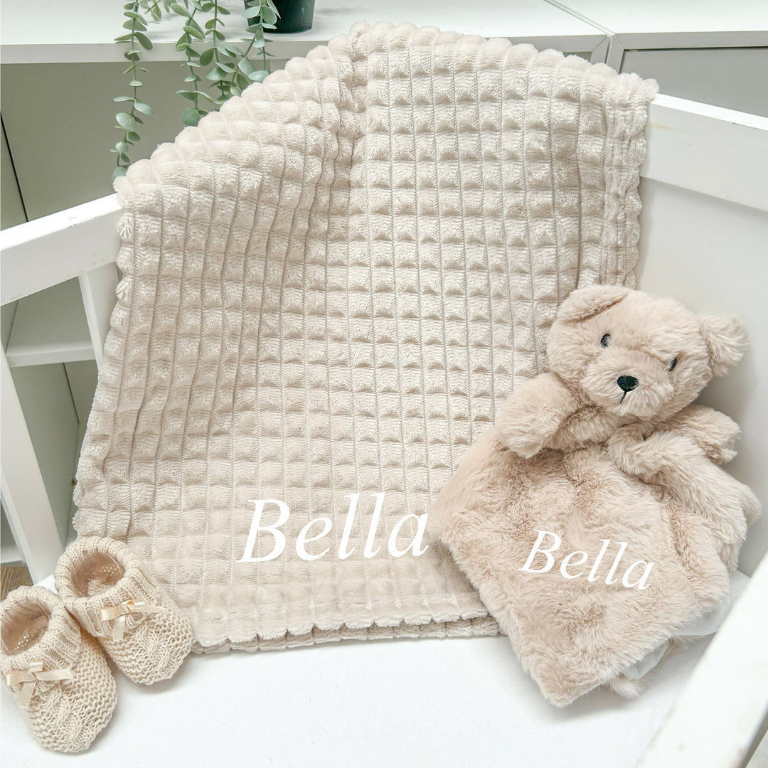 Personalised Unisex Embroidered Beige Blanket, Comforter or Gift Set