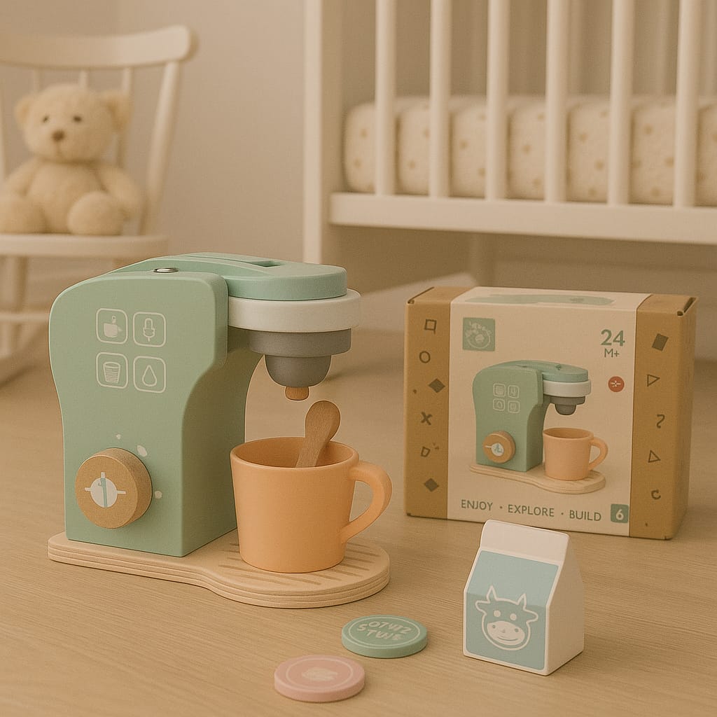 Wooden Educational Coffee Maker Set Toy (6 pcs) Engraved Name Personalised
