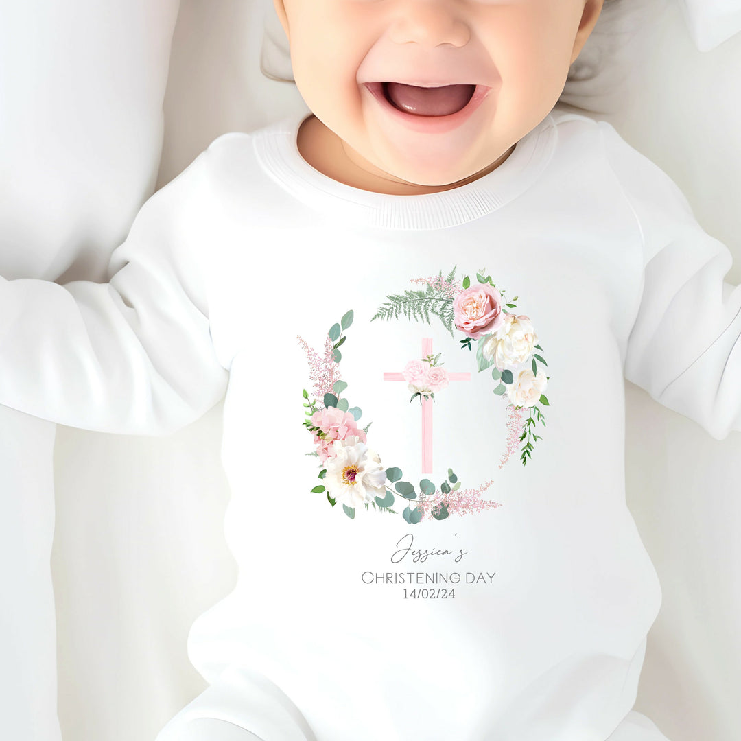 Personalised Floral Wreath Christening Babygrow/Vest