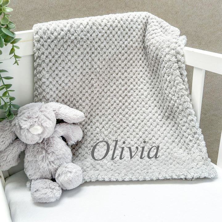 Personalised Unisex Embroidered Grey Blanket, Comforter or Gift Set