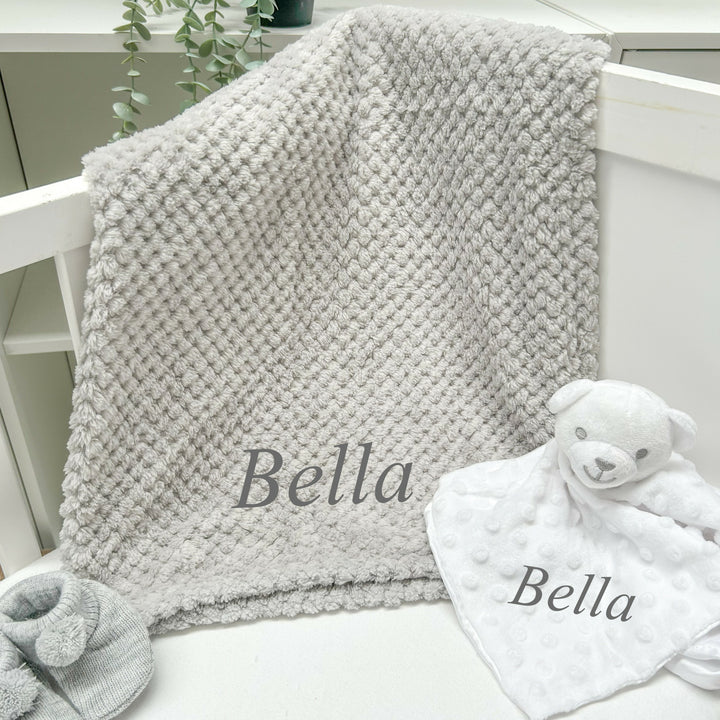 Personalised Unisex Embroidered Grey Blanket, Comforter or Gift Set