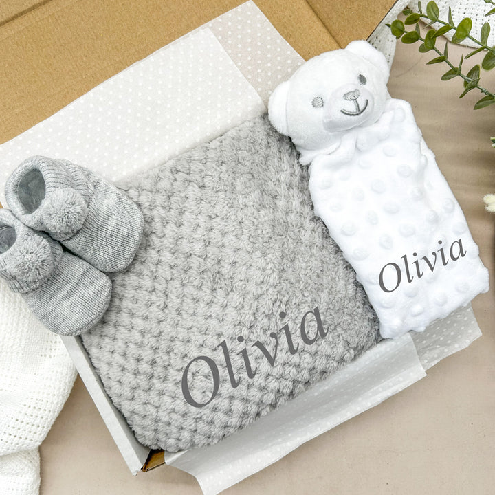 Personalised Unisex Embroidered Grey Blanket, Comforter or Gift Set