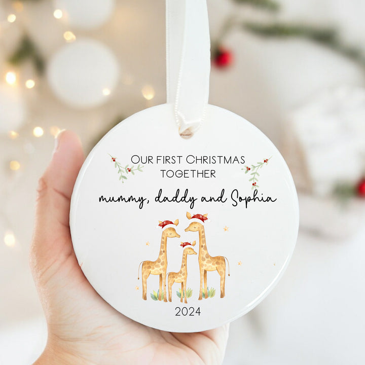 Personalised Our First Christmas Togeter Giraffe Ceramic Bauble