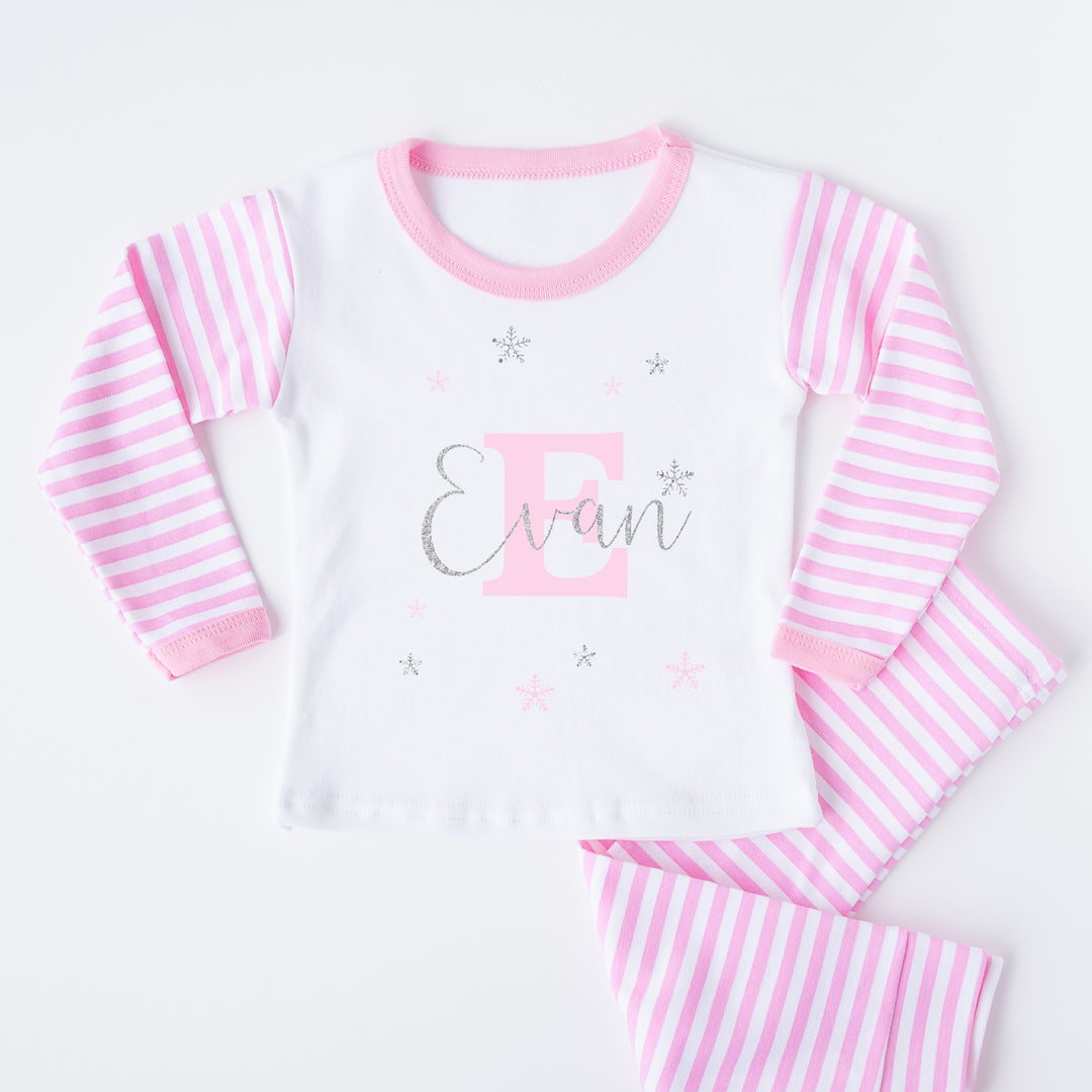 Silver Glitter Initial Pink Striped Christmas Pyjamas