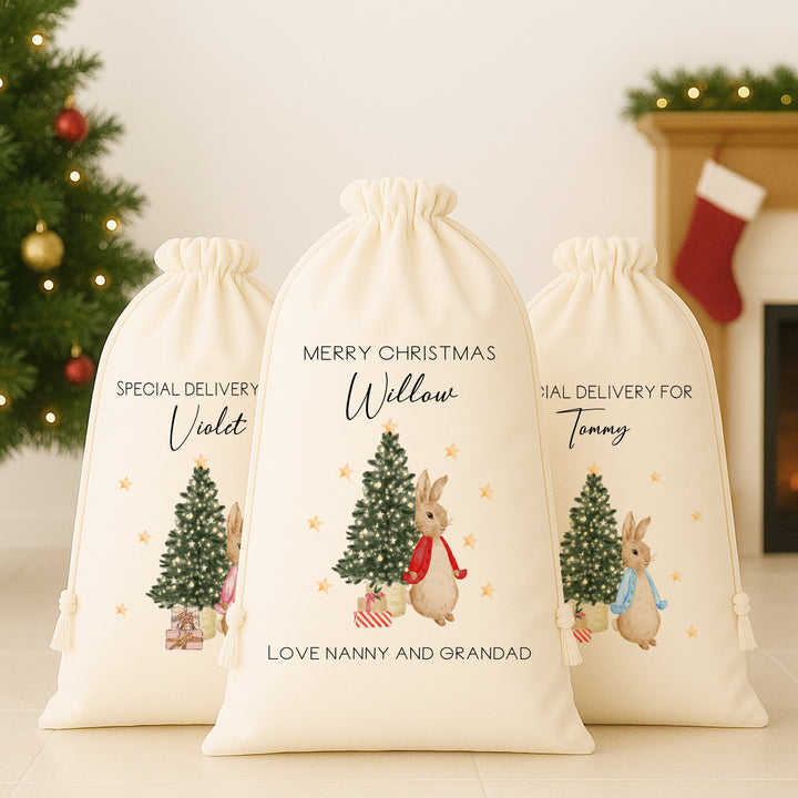 Personalised Red, Pink and Blue Rabbit Santa Sack