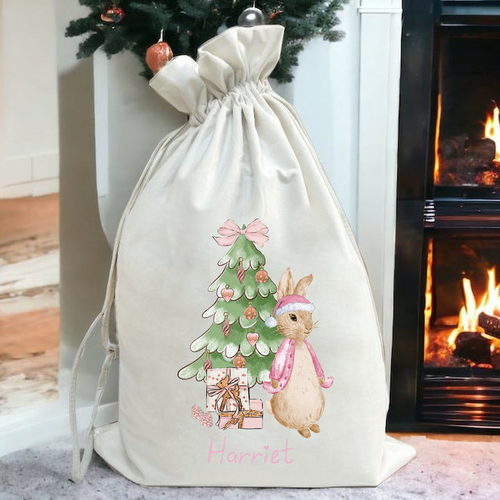 Personalised Pink Rabbit Christmas Tree Stocking or Santa Sacks
