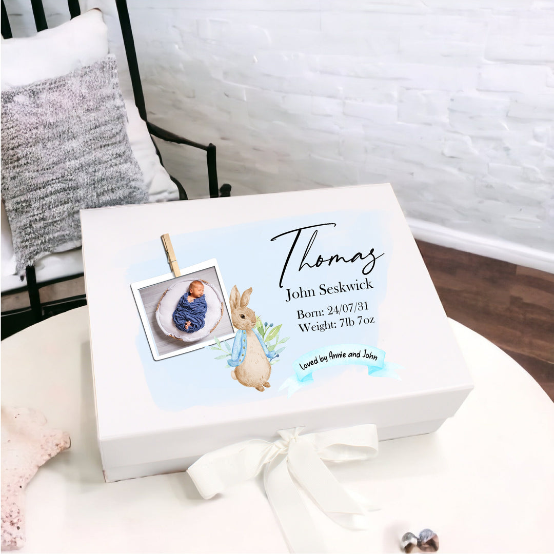 Personalised Blue Rabbit Own Photo Baby Box