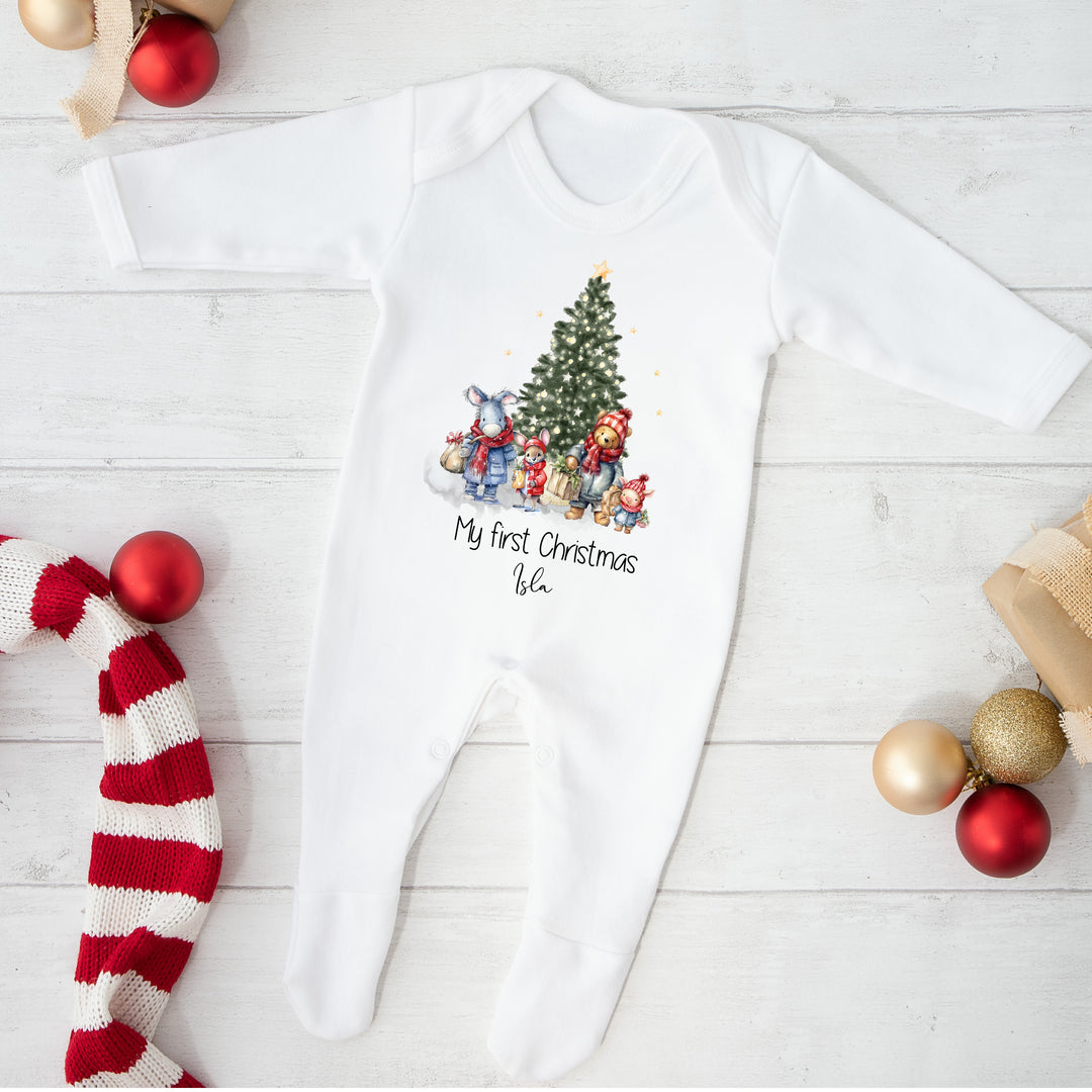 Personalised Pooh Bear Christmas Scene Baby Grow/Vest