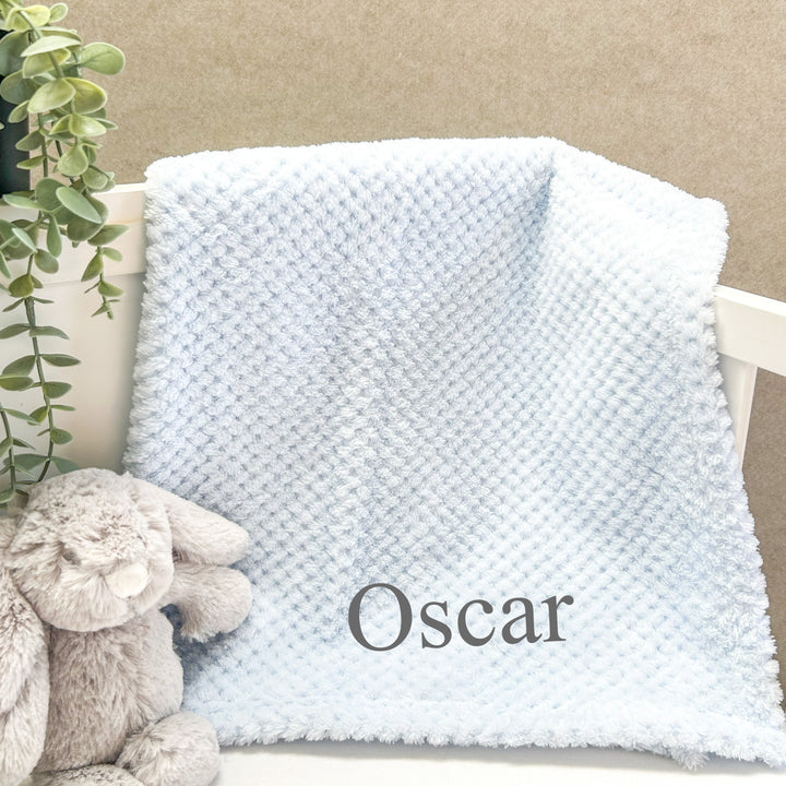 Personalised Embroidered Blue Blanket and Optional Blue Teddy Comforter