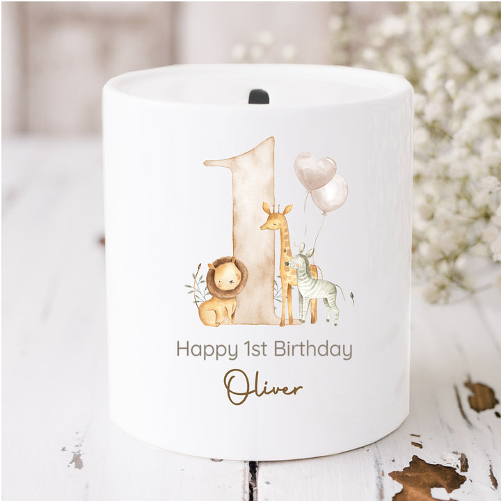Personalised Beige Safari First Birthday Money Box