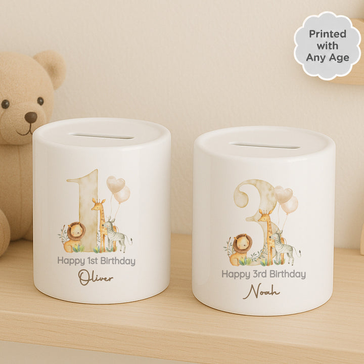 Personalised Beige Safari Any Age Birthday Money Box