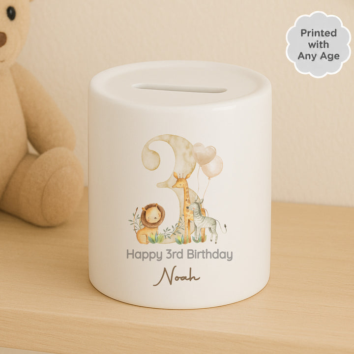 Personalised Beige Safari Any Age Birthday Money Box
