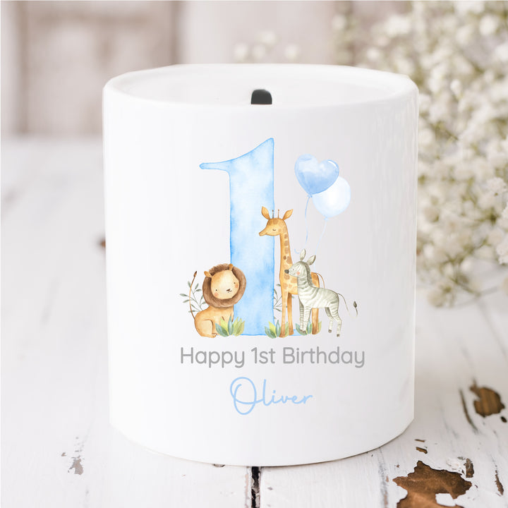 Personalised Blue Safari Birthday Money Box