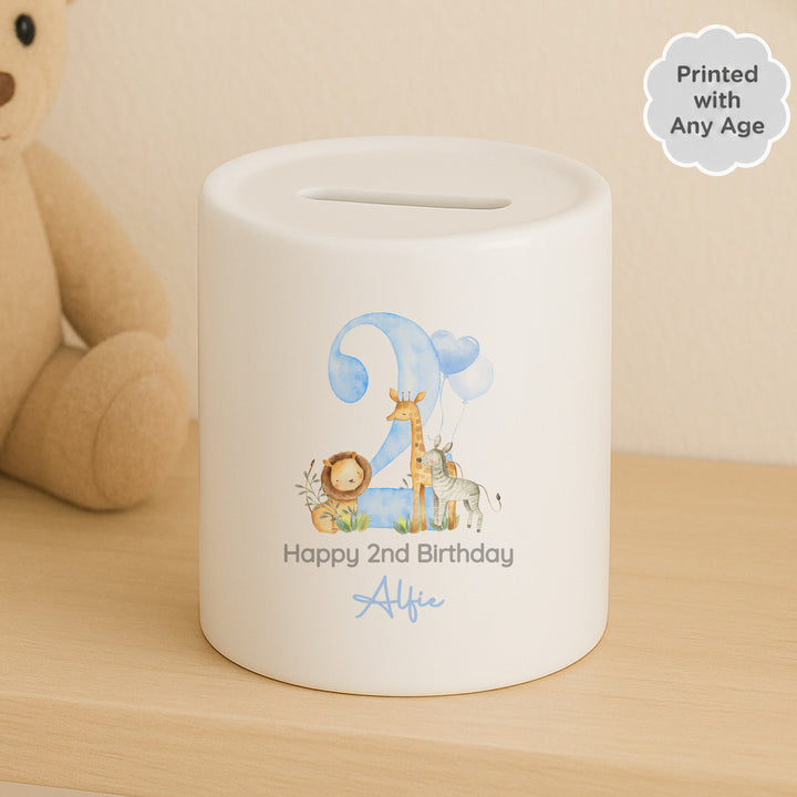 Personalised Blue Safari Any Age Birthday Money Box