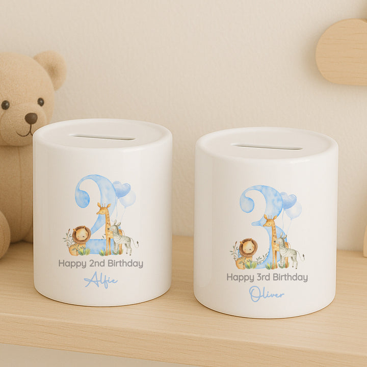 Personalised Blue Safari Any Age Birthday Money Box