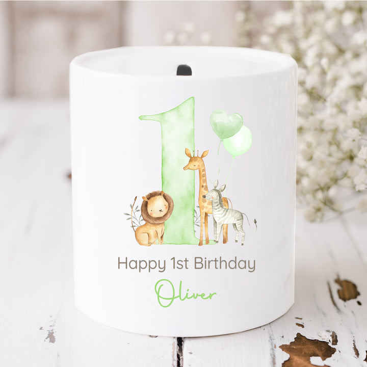 Personalised Green Safari First Birthday Money Box