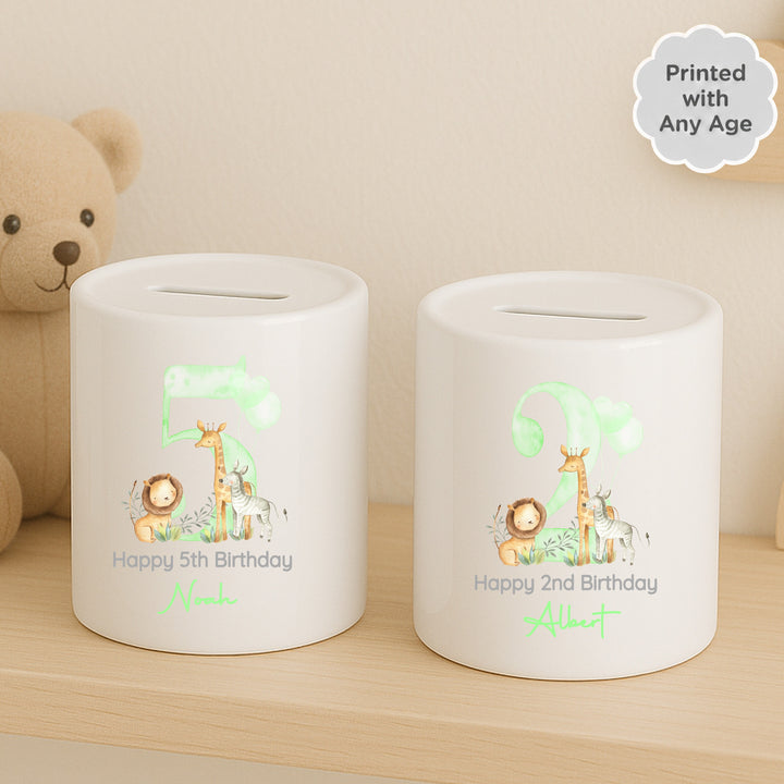 Personalised Green Safari Any Age Birthday Money Box