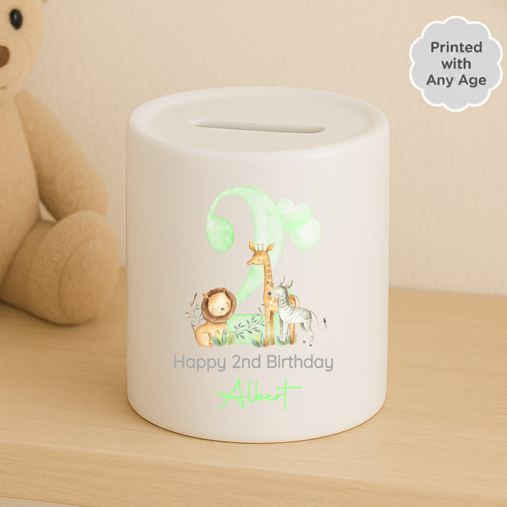 Personalised Green Safari Any Age Birthday Money Box