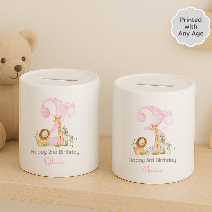 Personalised Pink Safari Any Age Birthday Money Box