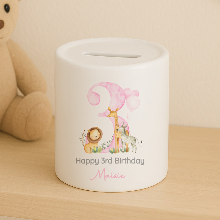 Personalised Pink Safari Any Age Birthday Money Box