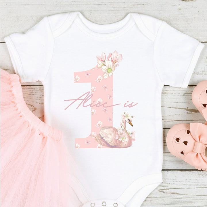 Personalised Pink Swan Birthday Number T-shirt/Vest