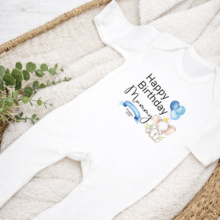 Personalised Blue Elephant Happy Birthday Daddy/Mummy Baby Grow or Vest