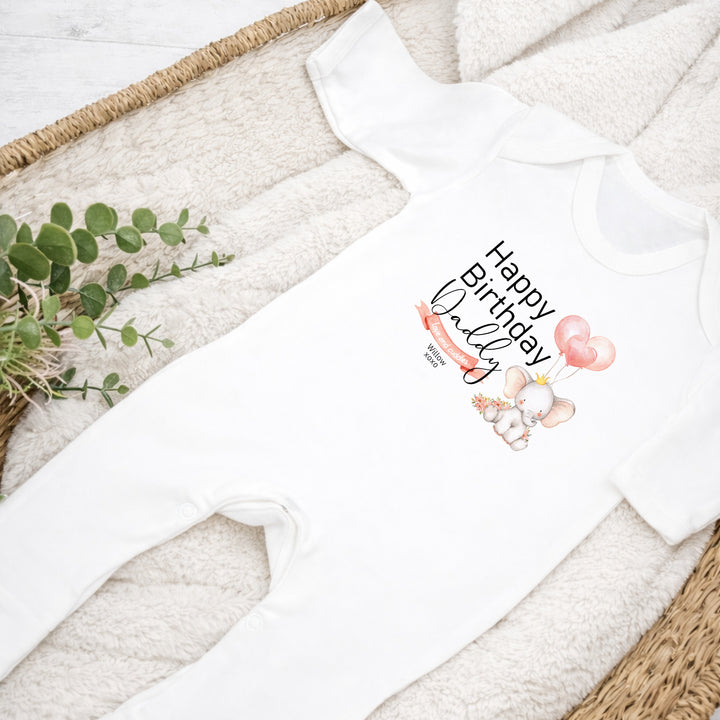 Personalised Pink Elephant Happy Birthday Daddy/Mummy Baby Grow or Vest