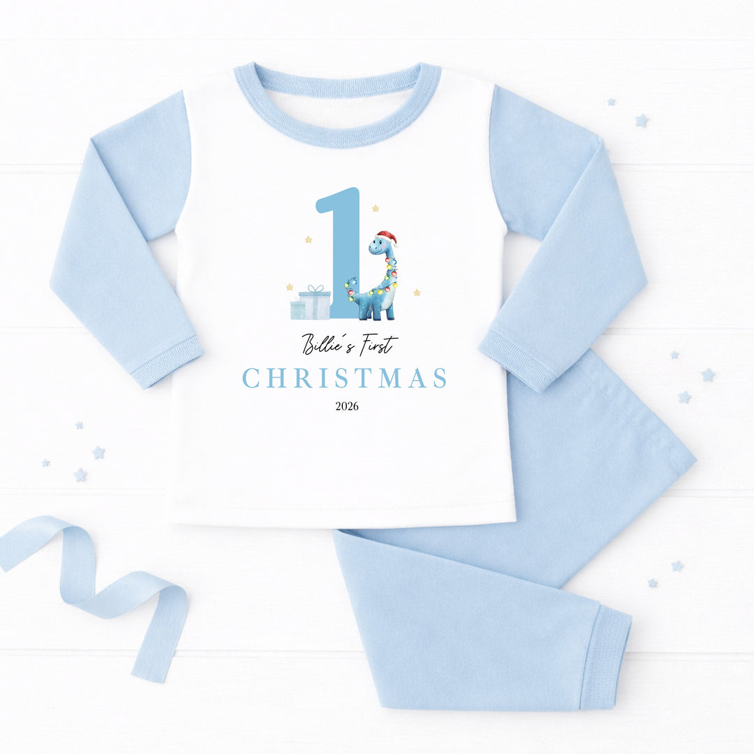 Personalised Blue Dinosaur My First Christmas Pyjamas
