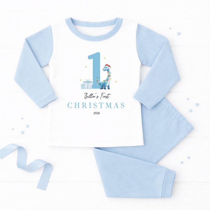 Personalised Blue Dinosaur My First Christmas Pyjamas