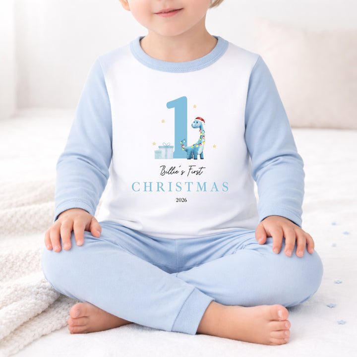 Personalised Blue Dinosaur My First Christmas Pyjamas