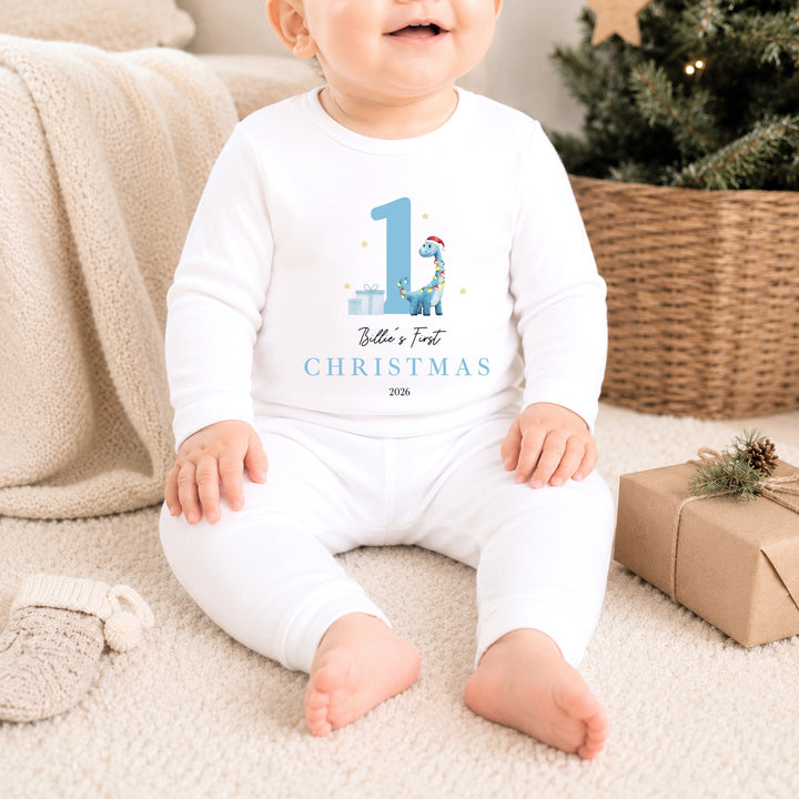 Personalised Blue Dinosaur My First Christmas Pyjamas