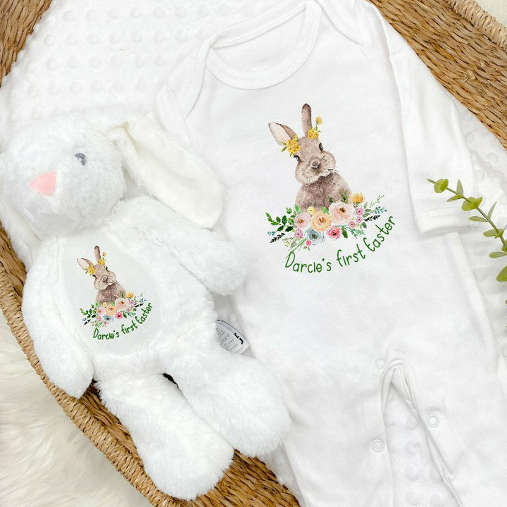 Personalised My First Easter Floral Bunny Babygrow and Bunny Set