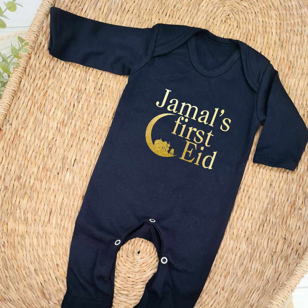 Personalised My First Eid Red Babygrow with Gold Moon Print