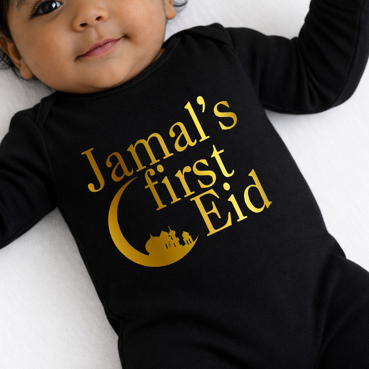 Personalised Gold Moon My First Eid Black Baby Grow