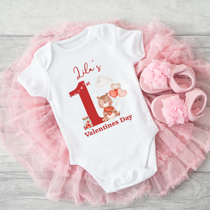 Personalised First Valentines Red Teddy Bear Babygrow/Vest