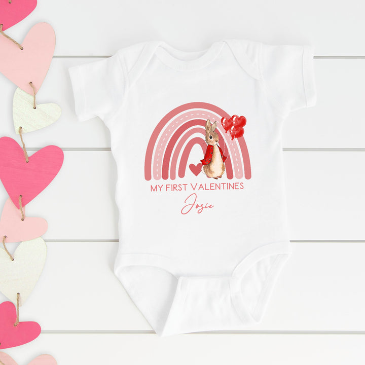 Personalised First Valentines Red Rabbit Rainbow Babygrow/Vest