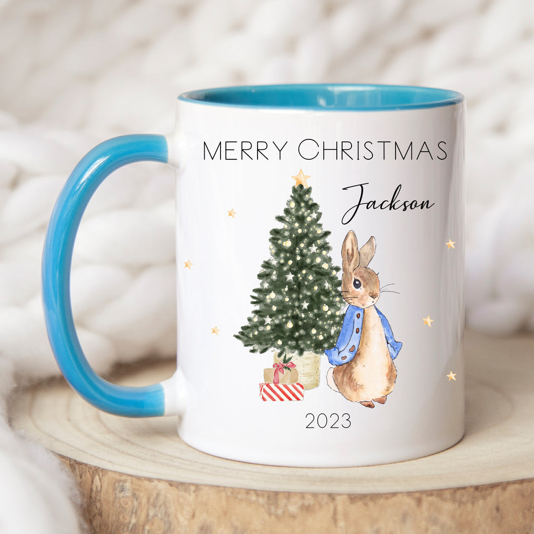 Personalised Boys Blue Rabbit Christmas Mug