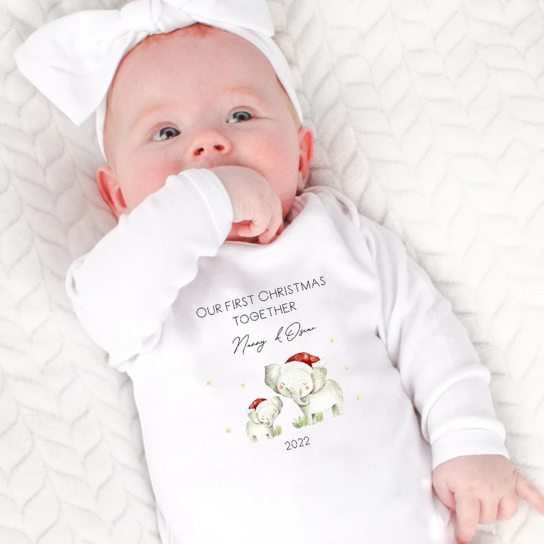 Our First Christmas Together Elephant Family Personalised Baby Outfit (Bib | Vest | Babygrow)