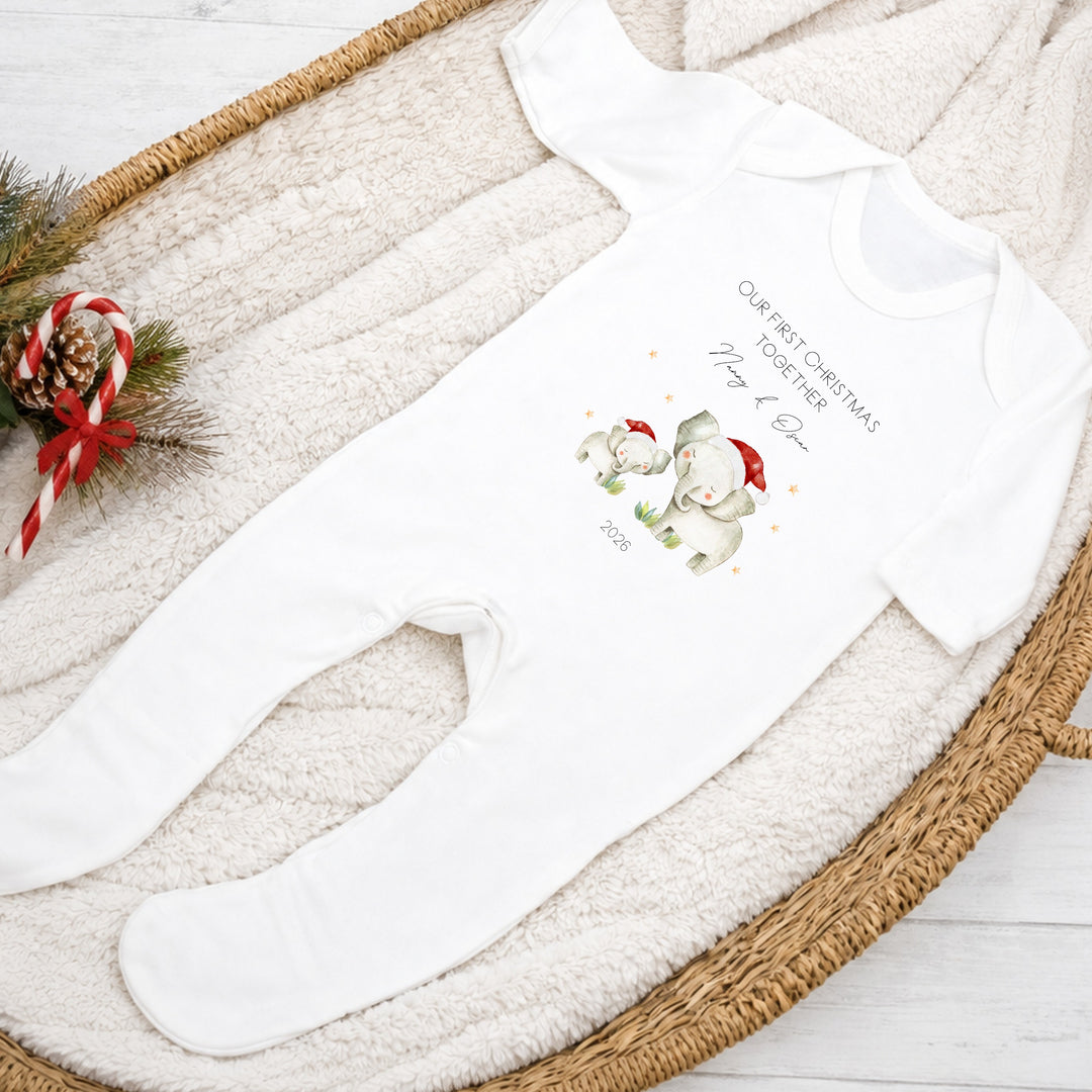 Personalised Elephant Our First Christmas Together Baby Grow, Vest or Bib