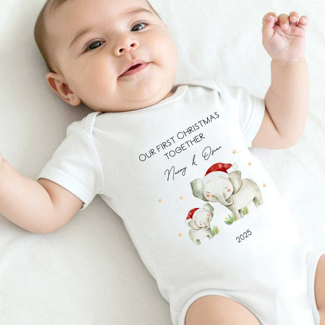 Personalised Our First Christmas Elephant Family Baby Grow/Vest/Bib