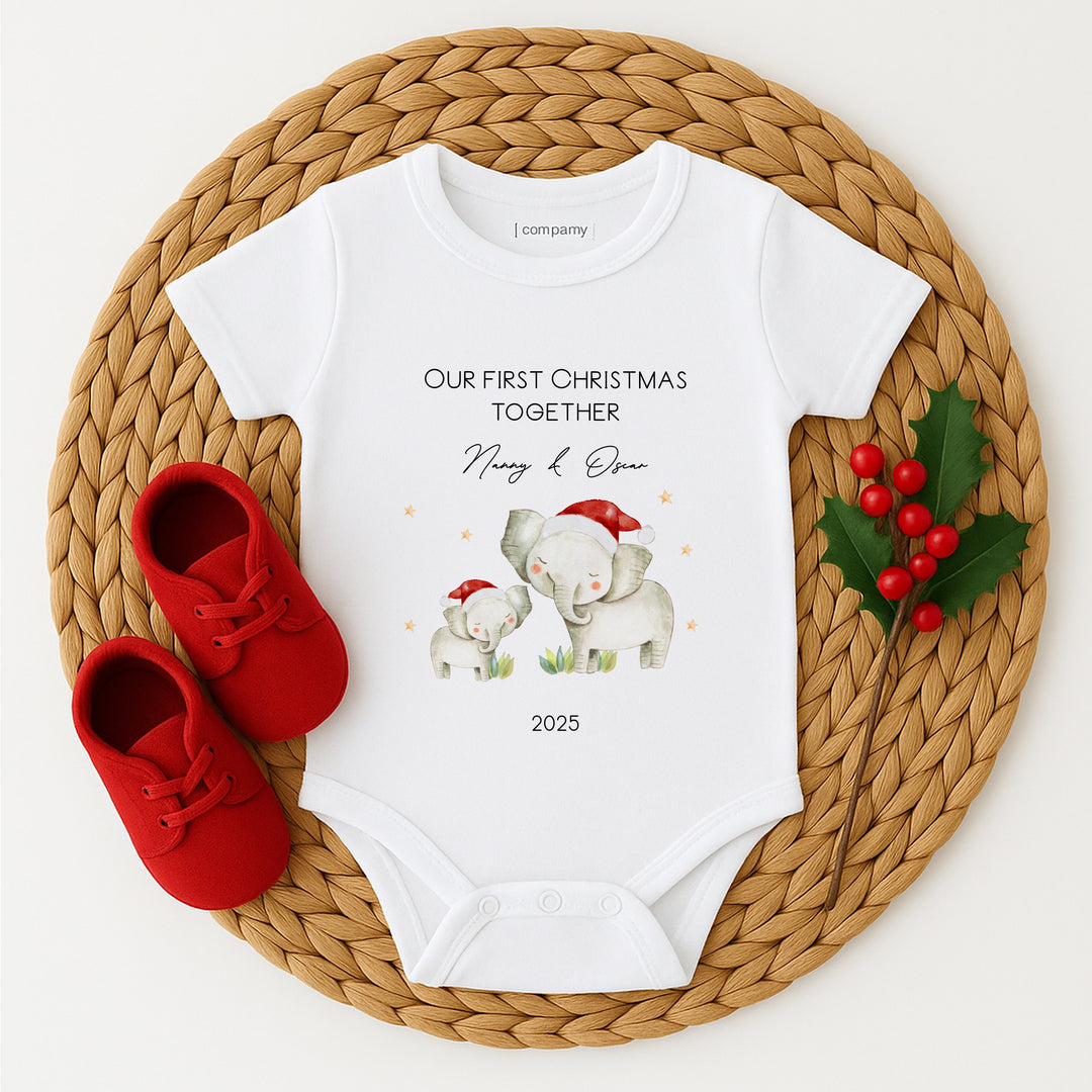 Personalised Our First Christmas Elephant Family Baby Grow/Vest/Bib