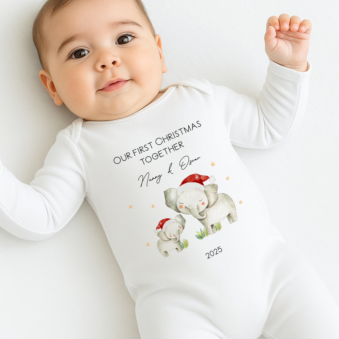 Personalised Our First Christmas Elephant Family Baby Grow/Vest/Bib