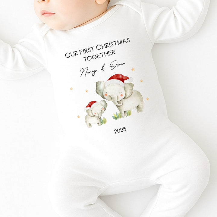 Personalised Our First Christmas Elephant Family Baby Grow/Vest/Bib
