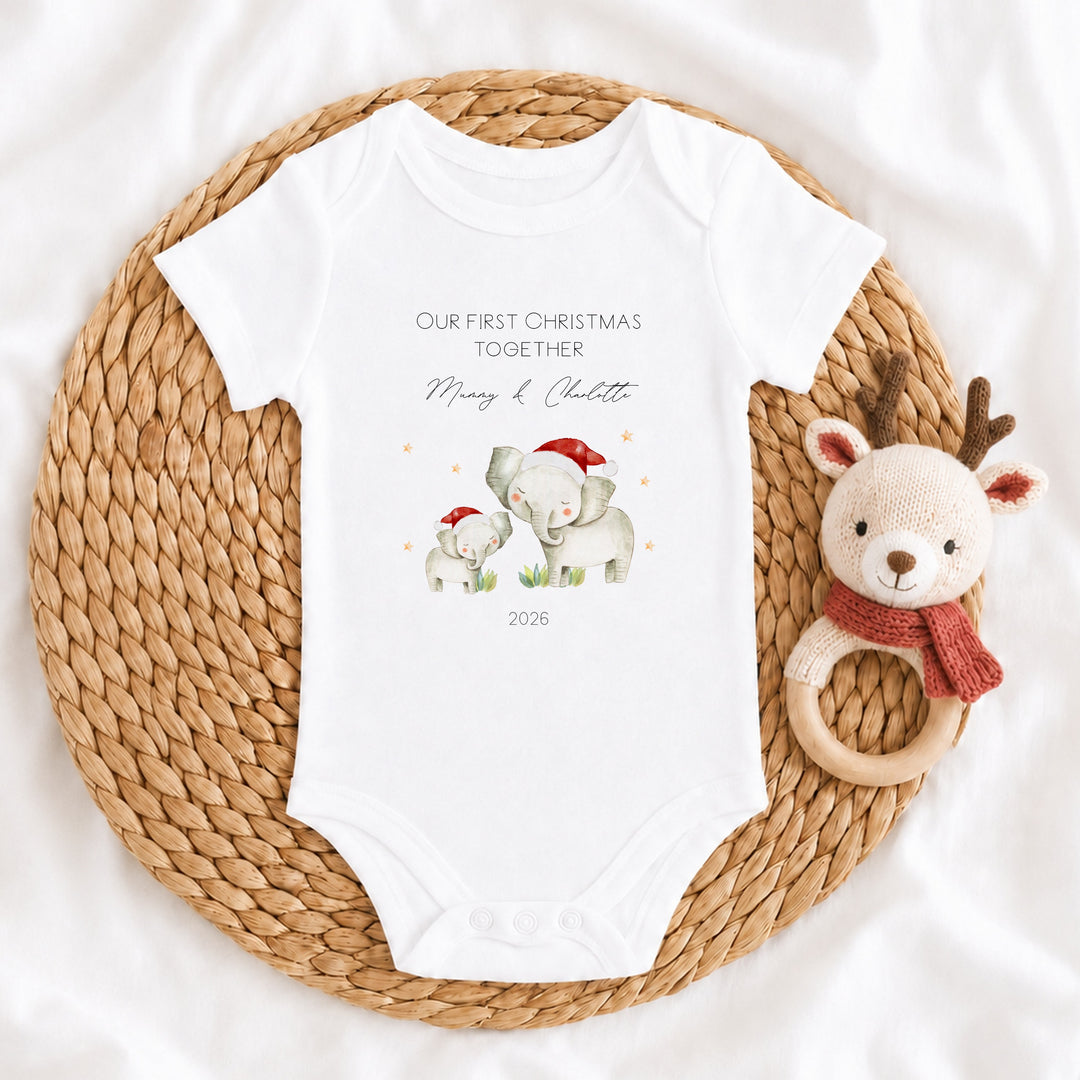 Personalised Elephant Our First Christmas Together Baby Grow, Vest or Bib