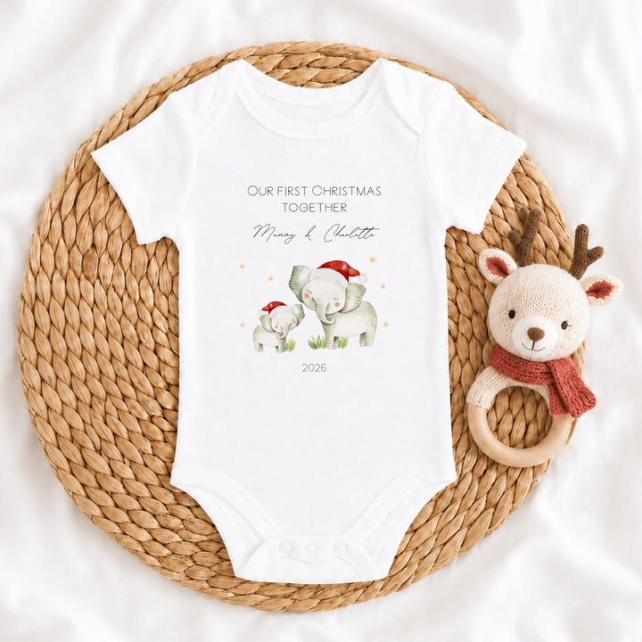 Personalised Elephant Our First Christmas Together Baby Grow, Vest or Bib