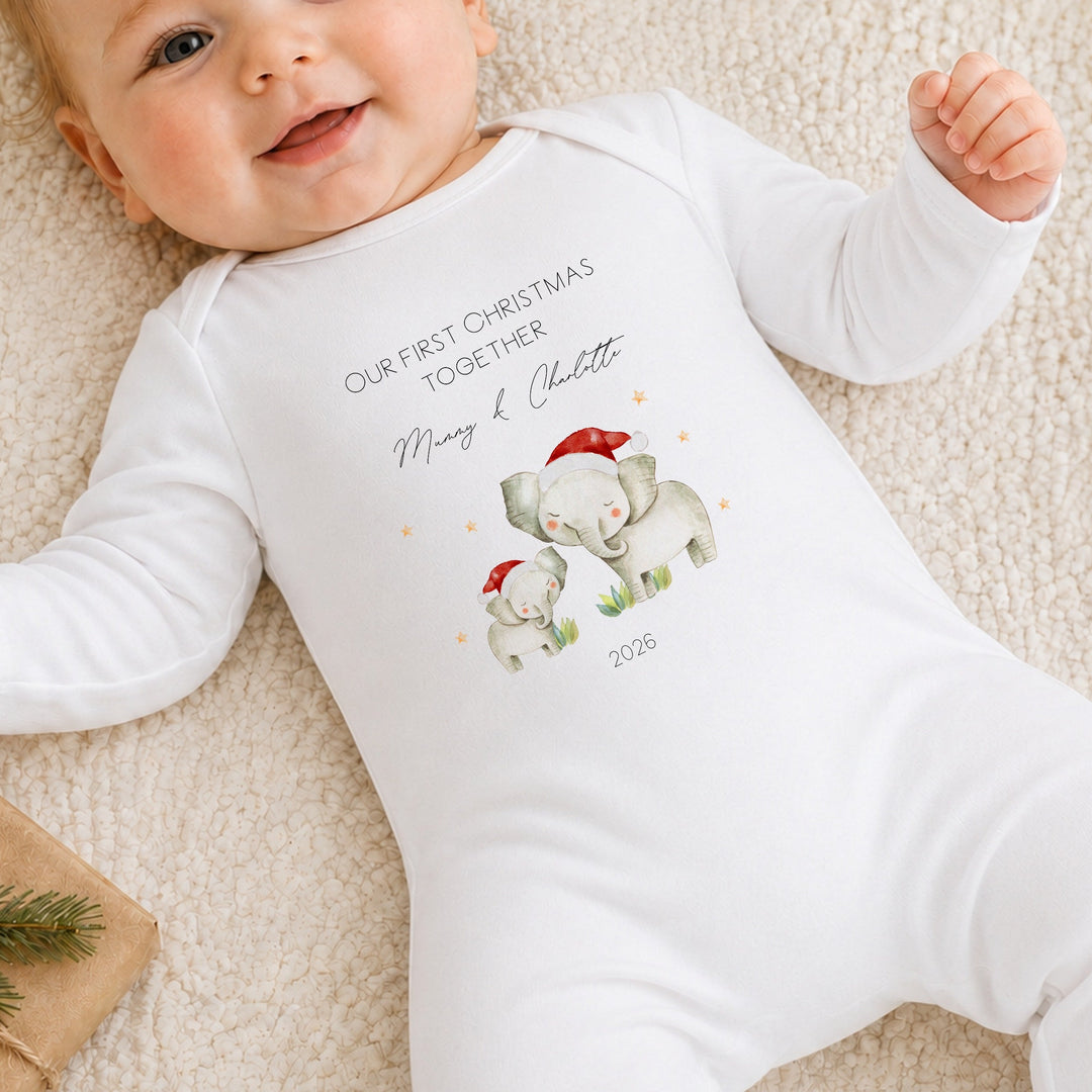 Personalised Elephant Our First Christmas Together Baby Grow, Vest or Bib